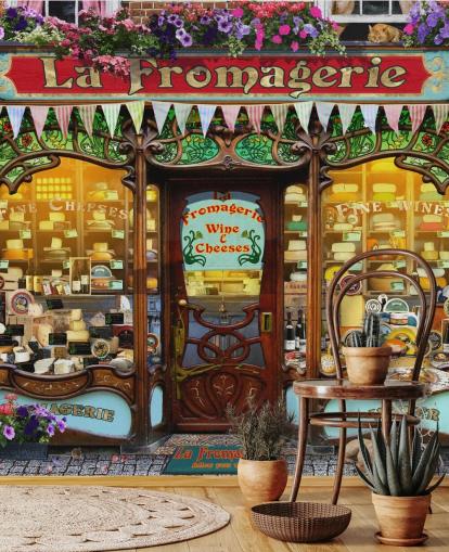 mural colorido de papel de parede de fachada personalizável chamado La Fromagerie II de Garry Walton para casas de repouso
