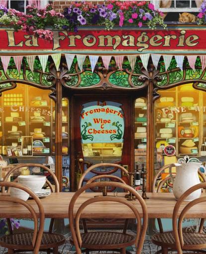 colourful customisable facade wallpaper mural called La Fromagerie II by Garry Walton for care homes