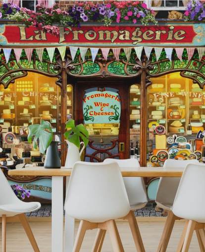 colorful customizable facade wallpaper mural called La Fromagerie II by Garry Walton for care homes