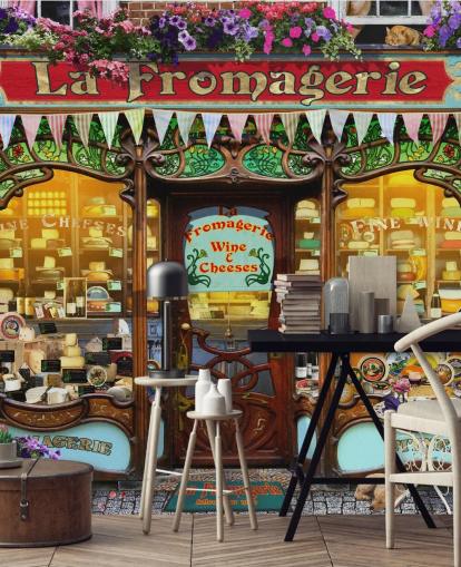 colorido mural de papel pintado de fachada personalizable llamado La Fromagerie II de Garry Walton para residencias de ancianos