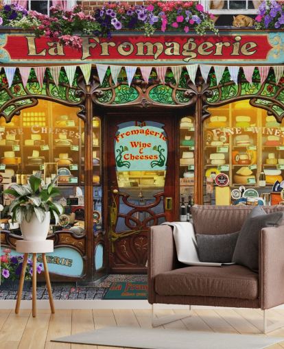 colourful customisable facade wallpaper mural called La Fromagerie II by Garry Walton for care homes