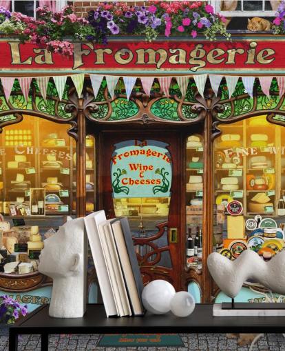 fargerikt tilpassbart fasadetapetveggmaleri kalt La Fromagerie II av Garry Walton for omsorgsboliger fargerikt tilpassbart fasadetapetveggmaleri kalt La Fromagerie II av Garry Walton for omsorgsboliger