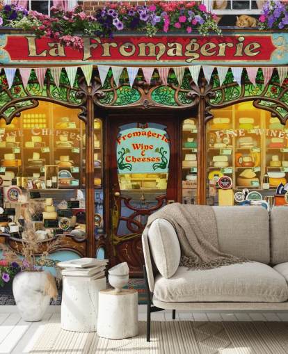 kleurrijke aanpasbare gevelbehangmuurschildering genaamd La Fromagerie II van Garry Walton voor verzorgingstehuizen