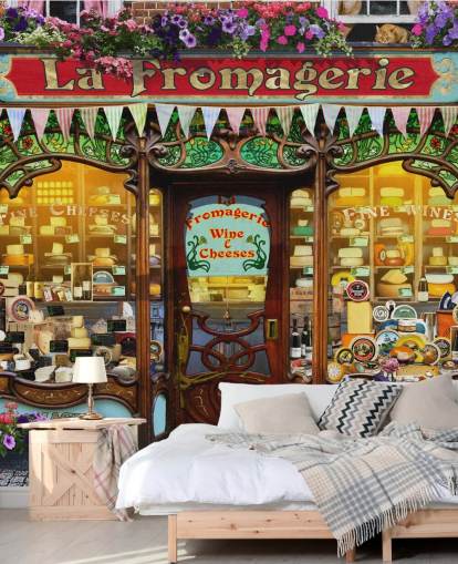 colorido mural de papel pintado de fachada personalizable llamado La Fromagerie II de Garry Walton para residencias de ancianos