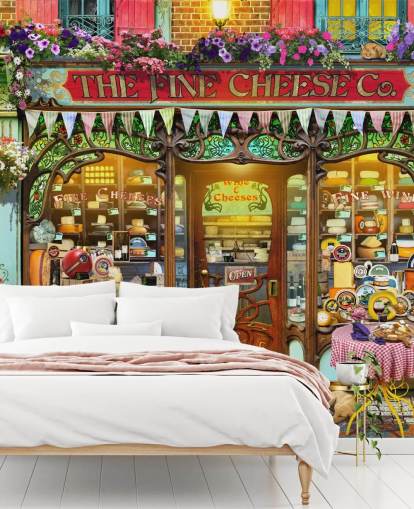 colourful custom facade wallpaper called La Fromagerie by Garry Walton for care homes