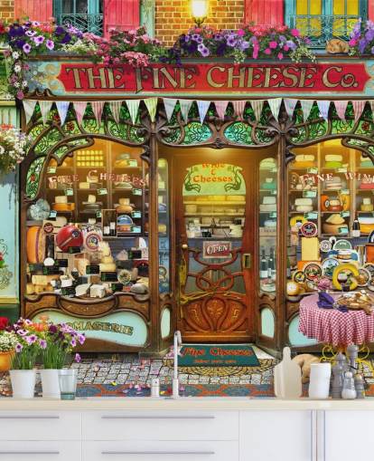 colourful custom facade wallpaper called La Fromagerie by Garry Walton for care homes colourful custom facade wallpaper called La Fromagerie by Garry Walton for care homes
