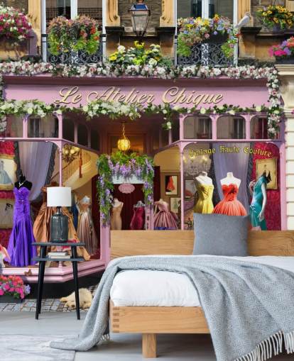 colorful custom facade wallpaper mural called Vintage Couture Atelier by Garry Walton for care homes