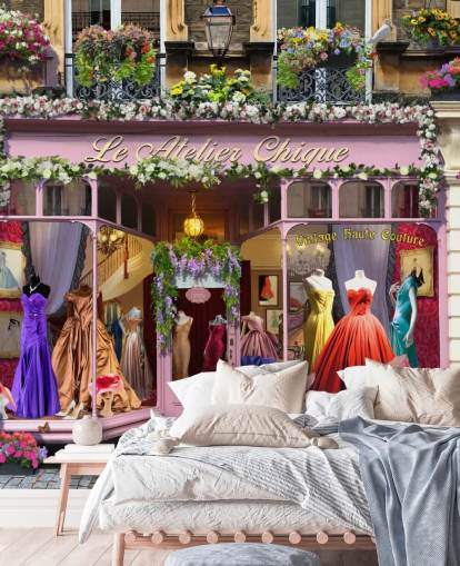 värikäs mukautettu julkisivutapettiseinämaalaus nimeltä Vintage Couture Atelier, kirjoittanut Garry Walton hoitokodeille