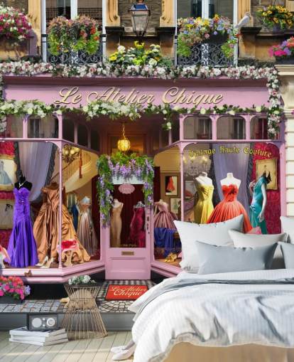 colorful custom facade wallpaper mural called Vintage Couture Atelier by Garry Walton for care homes