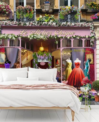colorful custom facade wallpaper mural called Vintage Couture Atelier by Garry Walton for care homes