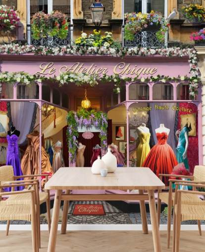 fargerikt tilpasset fasadetveggmaleri kalt Vintage Couture Atelier av Garry Walton for omsorgsboliger fargerikt tilpasset fasadetveggmaleri kalt Vintage Couture Atelier av Garry Walton for omsorgsboliger