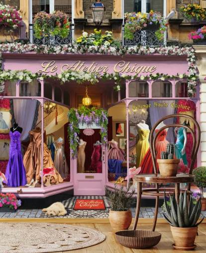 kleurrijke gevelbehangmuurschildering op maat genaamd Vintage Couture Atelier van Garry Walton voor verzorgingstehuizen