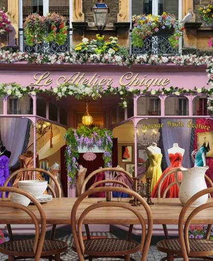 colorful custom facade wallpaper mural called Vintage Couture Atelier by Garry Walton for care homes colorful custom facade wallpaper mural called Vintage Couture Atelier by Garry Walton for care homes