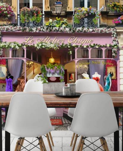 colorful custom facade wallpaper mural called Vintage Couture Atelier by Garry Walton for care homes