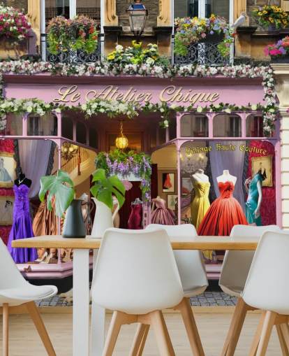 colorido mural de papel pintado personalizado para fachadas llamado Vintage Couture Atelier de Garry Walton para residencias de ancianos colorido mural de papel pintado personalizado para fachadas llamado Vintage Couture Atelier de Garry Walton para residencias de ancianos