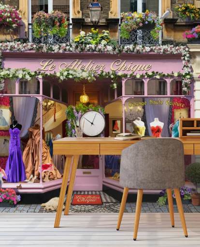 papier peint mural de façade personnalisé coloré appelé Vintage Couture Atelier par Garry Walton pour les maisons de retraite