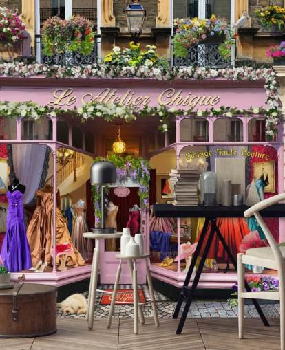 kleurrijke gevelbehangmuurschildering op maat genaamd Vintage Couture Atelier van Garry Walton voor verzorgingstehuizen