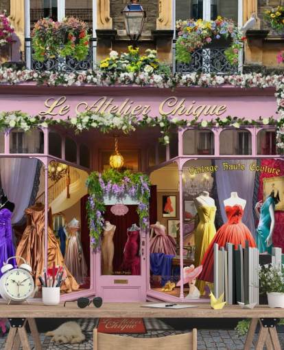 colorido mural de papel pintado personalizado para fachadas llamado Vintage Couture Atelier de Garry Walton para residencias de ancianos