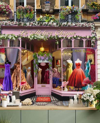 papier peint mural de façade personnalisé coloré appelé Vintage Couture Atelier par Garry Walton pour les maisons de retraite