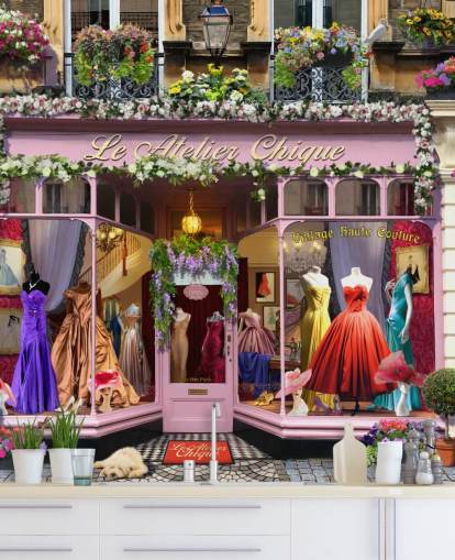 colorful custom facade wallpaper mural called Vintage Couture Atelier by Garry Walton for care homes