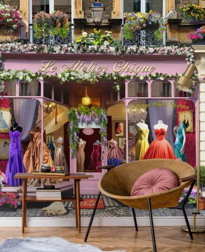 papier peint mural de façade personnalisé coloré appelé Vintage Couture Atelier par Garry Walton pour les maisons de retraite