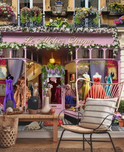 colorful custom facade wallpaper mural called Vintage Couture Atelier by Garry Walton for care homes