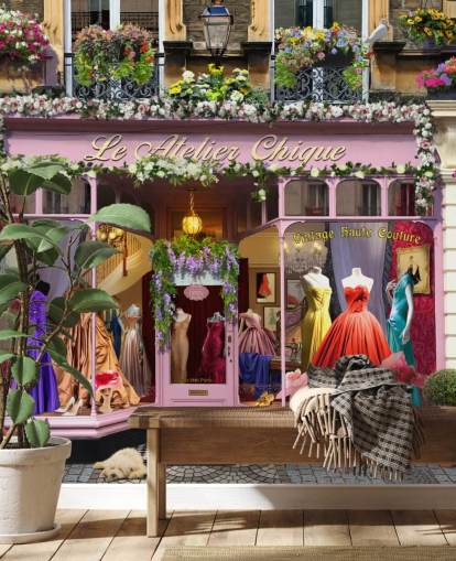 kleurrijke gevelbehangmuurschildering op maat genaamd Vintage Couture Atelier van Garry Walton voor verzorgingstehuizen kleurrijke gevelbehangmuurschildering op maat genaamd Vintage Couture Atelier van Garry Walton voor verzorgingstehuizen