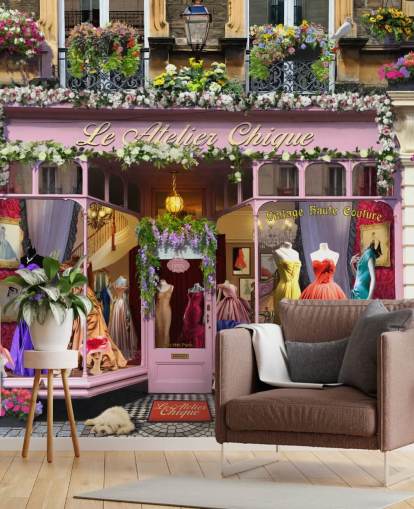colorful custom facade wallpaper mural called Vintage Couture Atelier by Garry Walton for care homes