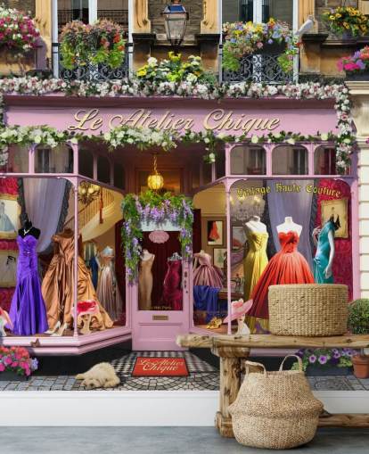 colourful custom facade wallpaper mural called Vintage Couture Atelier by Garry Walton for care homes