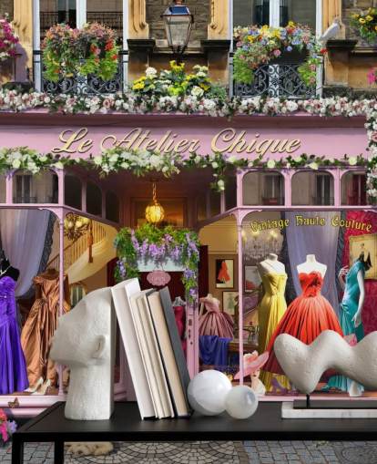 colorful custom facade wallpaper mural called Vintage Couture Atelier by Garry Walton for care homes