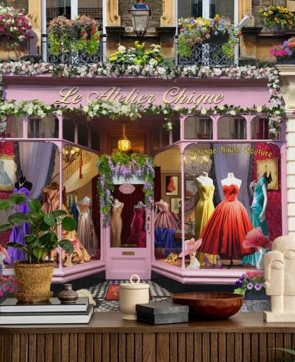 colorful custom facade wallpaper mural called Vintage Couture Atelier by Garry Walton for care homes
