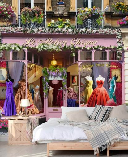 farbenfrohes, maßgefertigtes Fassadentapetenwandbild namens Vintage Couture Atelier von Garry Walton für Pflegeheime