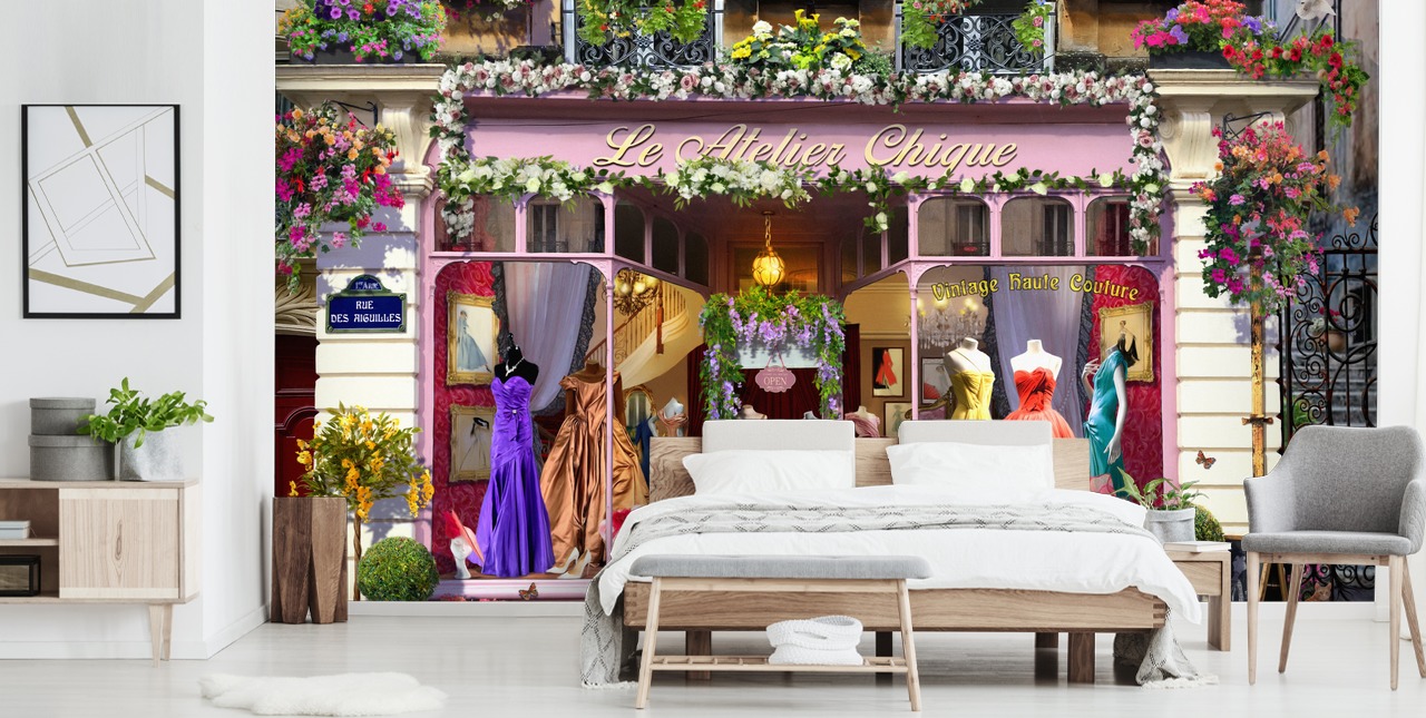 färgglad anpassad fasadtapet väggmålning som heter Vintage Couture Atelier av Garry Walton för vårdhem