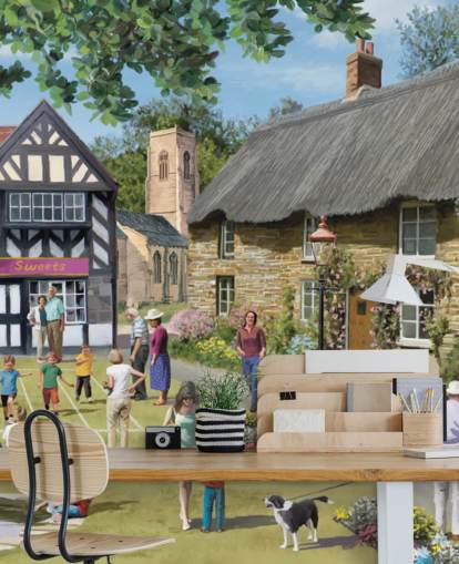 colorful custom bygone era wallpaper mural called Village Summer Fayer by Victor McLindon for care homes