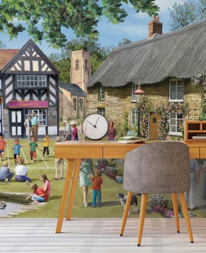 colorful custom bygone era wallpaper mural called Village Summer Fayer by Victor McLindon for care homes