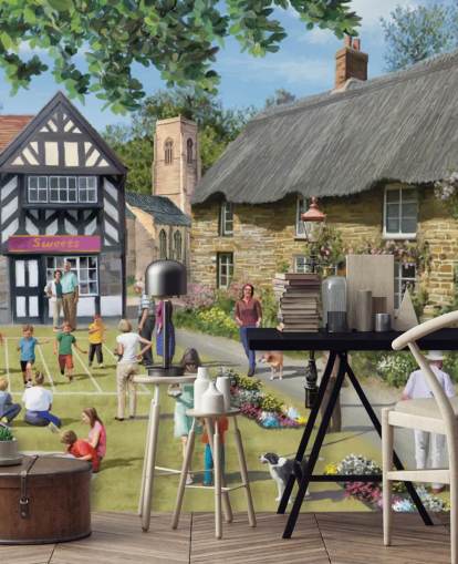 colourful custom bygone era wallpaper mural called Village Summer Fayre by Victor McLindon for care homes