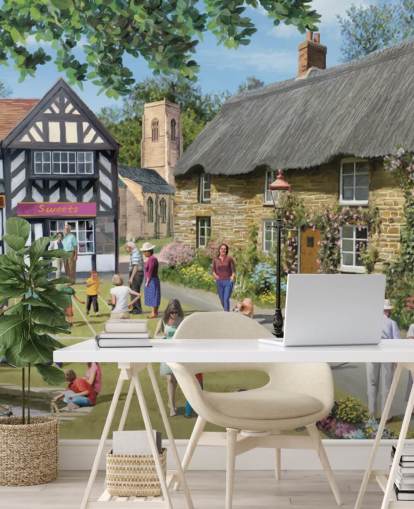 fargerikt tilpasset tapetmaleri fra svunnen tid kalt Village Summer Fayre av Victor McLindon for omsorgsboliger