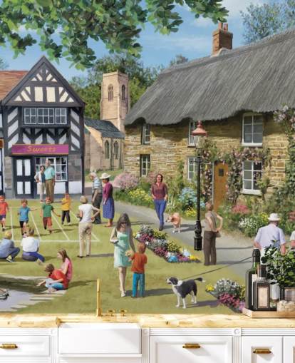 colorful custom bygone era wallpaper mural called Village Summer Fayer by Victor McLindon for care homes