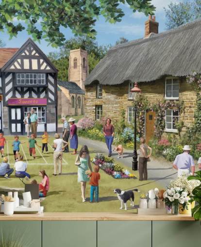 colourful custom bygone era wallpaper mural called Village Summer Fayre by Victor McLindon for care homes