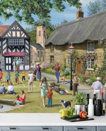 colourful custom bygone era wallpaper mural called Village Summer Fayre by Victor McLindon for care homes