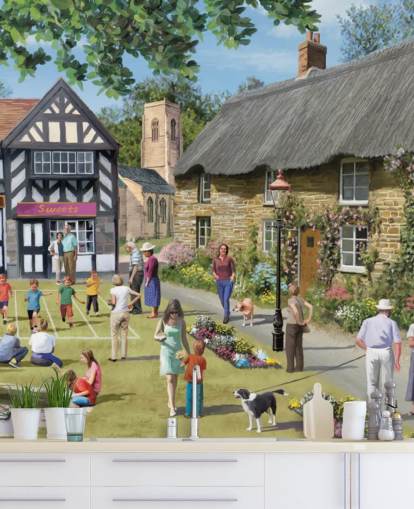 papier peint mural coloré personnalisé d'époque révolue appelé Village Summer Fayre par Victor McLindon pour les maisons de retraite