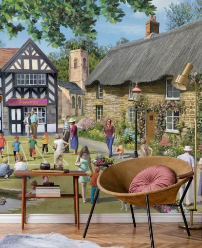 colourful custom bygone era wallpaper mural called Village Summer Fayre by Victor McLindon for care homes colourful custom bygone era wallpaper mural called Village Summer Fayre by Victor McLindon for care homes