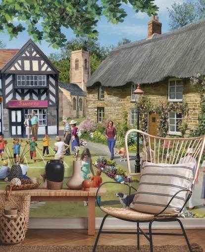 colourful custom bygone era wallpaper mural called Village Summer Fayre by Victor McLindon for care homes colourful custom bygone era wallpaper mural called Village Summer Fayre by Victor McLindon for care homes