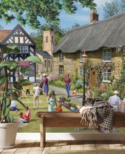 colourful custom bygone era wallpaper mural called Village Summer Fayre by Victor McLindon for care homes