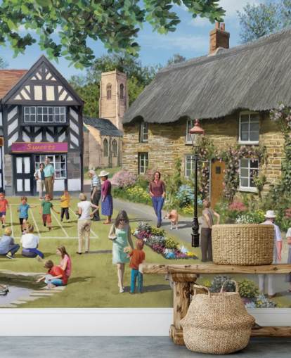 colorido mural de papel pintado personalizado de la época pasada llamado Village Summer Fayre de Victor McLindon para residencias de ancianos colorido mural de papel pintado personalizado de la época pasada llamado Village Summer Fayre de Victor McLindon para residencias de ancianos