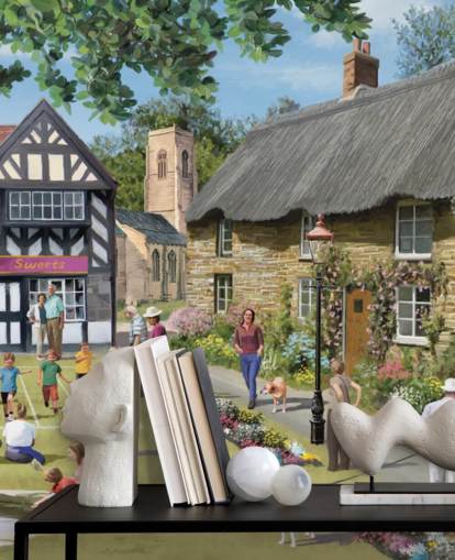 colourful custom bygone era wallpaper mural called Village Summer Fayre by Victor McLindon for care homes