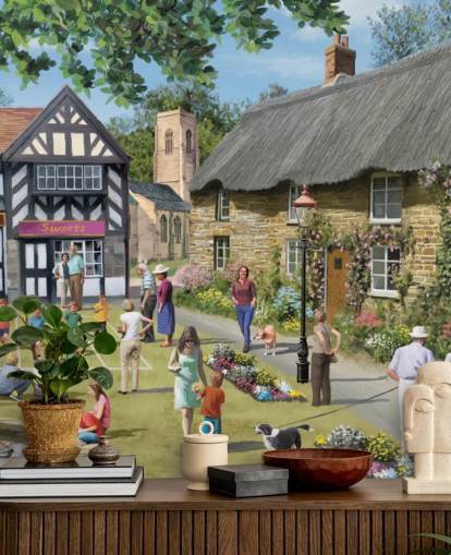 colorful custom bygone era wallpaper mural called Village Summer Fayer by Victor McLindon for care homes