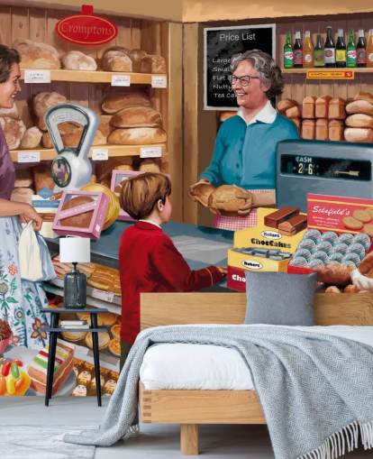 farbenfrohes Wandbild aus vergangenen Zeiten namens Village Bakery von Victor McLindon für Pflegeheime