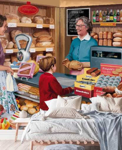 Victor McLindonin värikäs mukautettu menneiden aikakausien taustakuvamaalaus nimeltä Village Bakery hoivakodeille Victor McLindonin värikäs mukautettu menneiden aikakausien taustakuvamaalaus nimeltä Village Bakery hoivakodeille