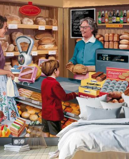 colorful custom bygone era wallpaper mural called Village Bakery by Victor McLindon for care homes colorful custom bygone era wallpaper mural called Village Bakery by Victor McLindon for care homes